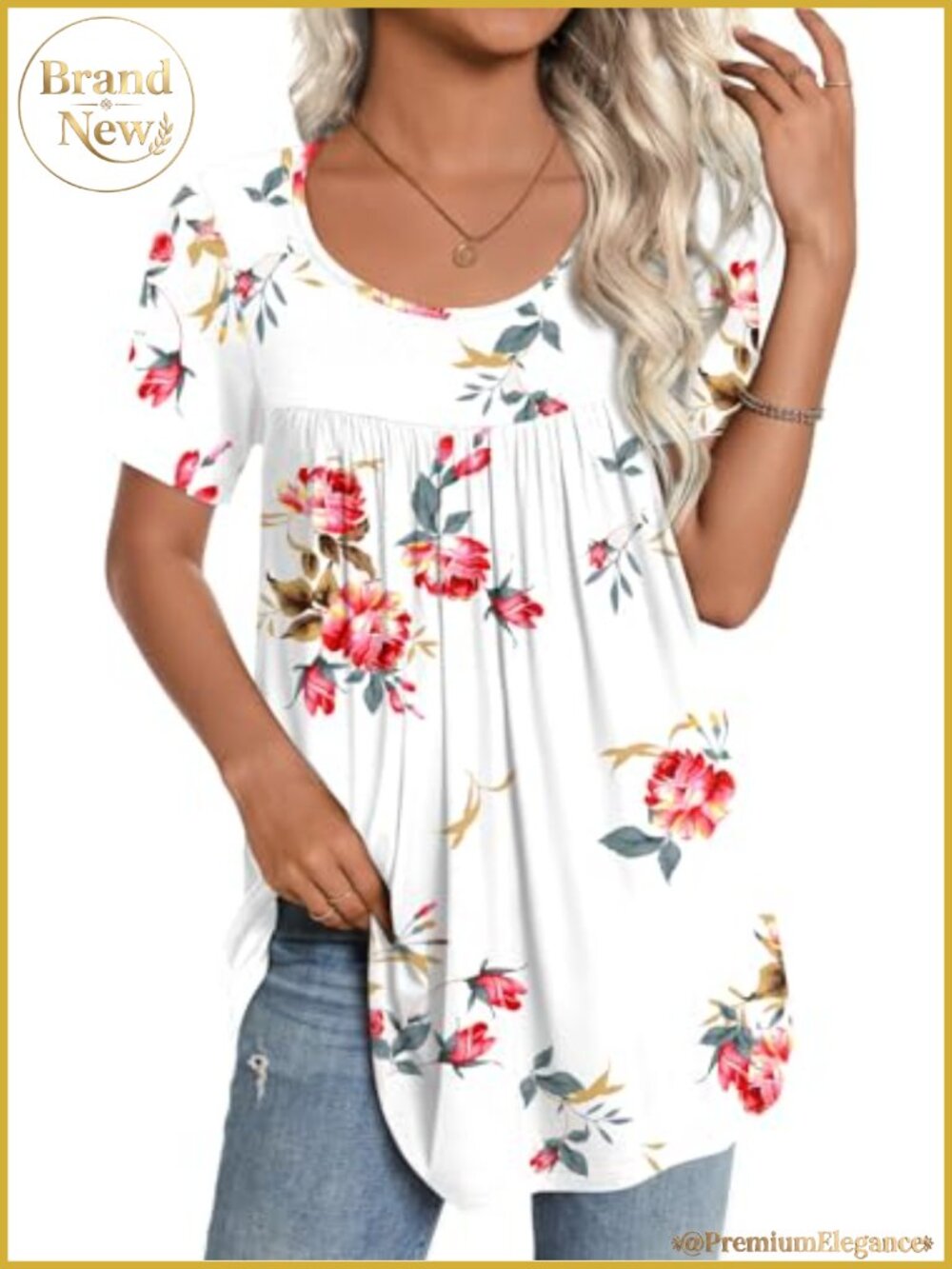 Soft Rayon Spandex Tunic Top Flutter Hem Pleated Short Sleeve Blouse